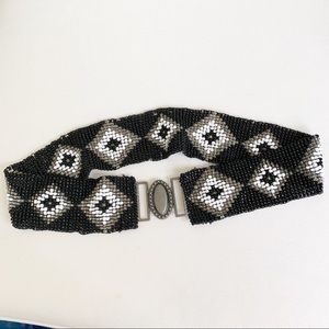 Tribal Black White Beaded Stretch Belt